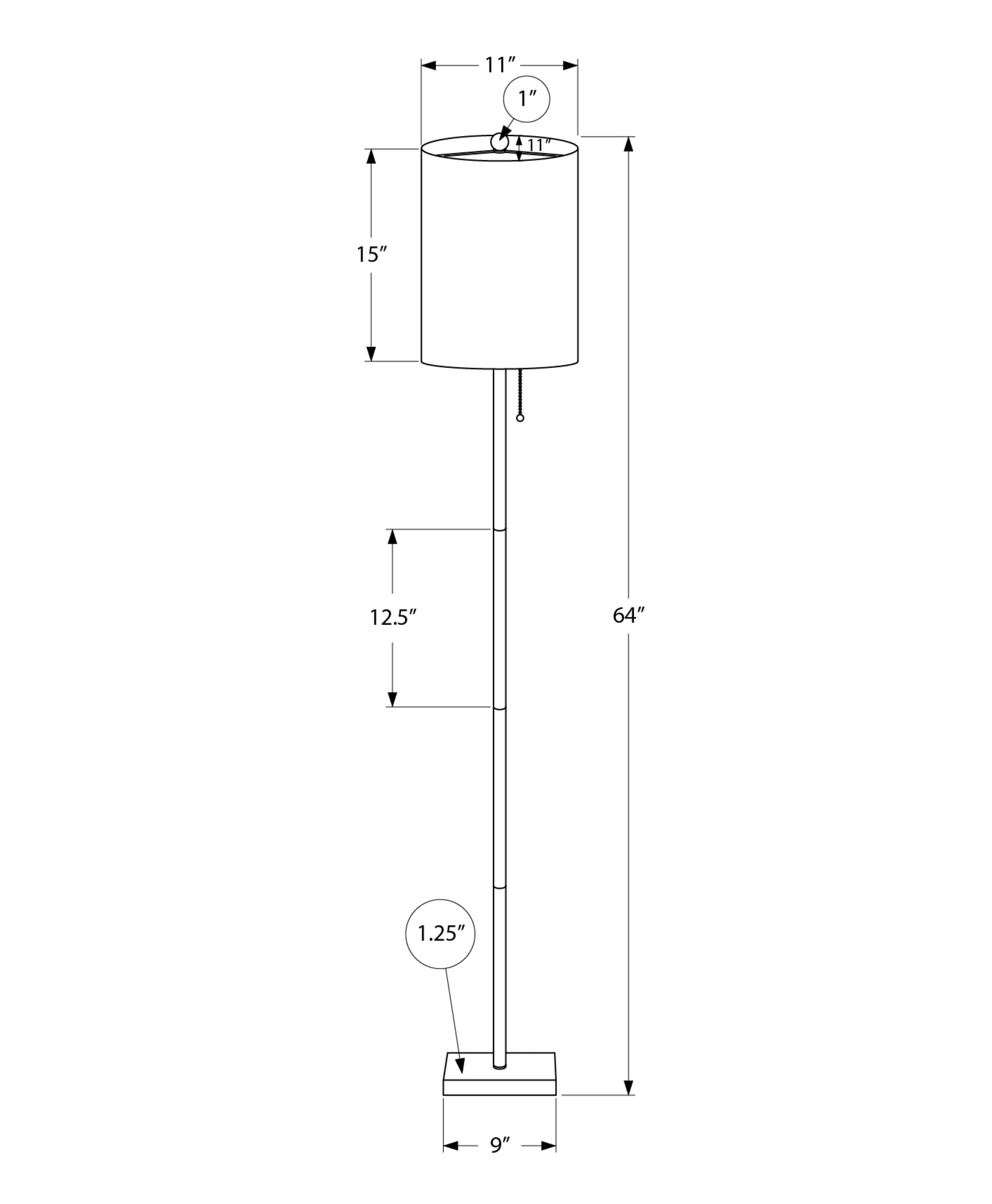 Technical drawing of a modern floor lamp  inches tall with a cylindrical shade