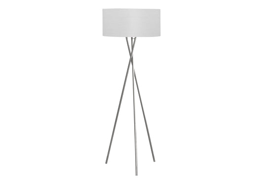 Modern tripod floor lamp with white drum shade and brushed nickel finish