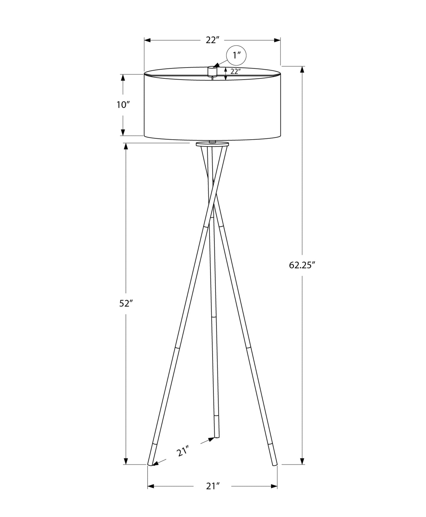 Line drawing of a drum shade floor lamp with silver tripod base