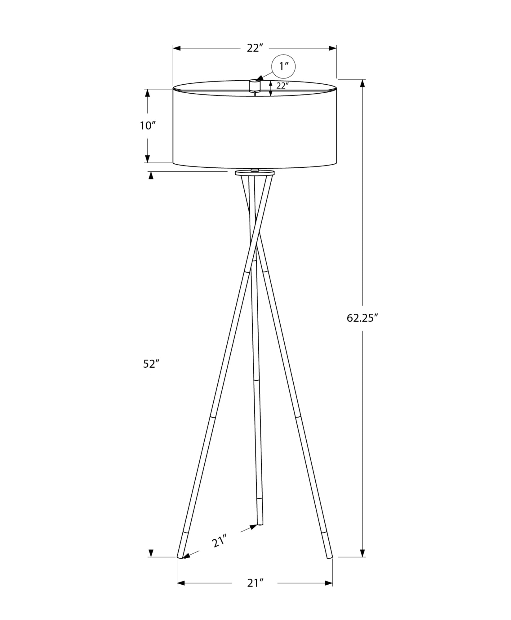 Line drawing of a drum shade floor lamp with silver tripod base