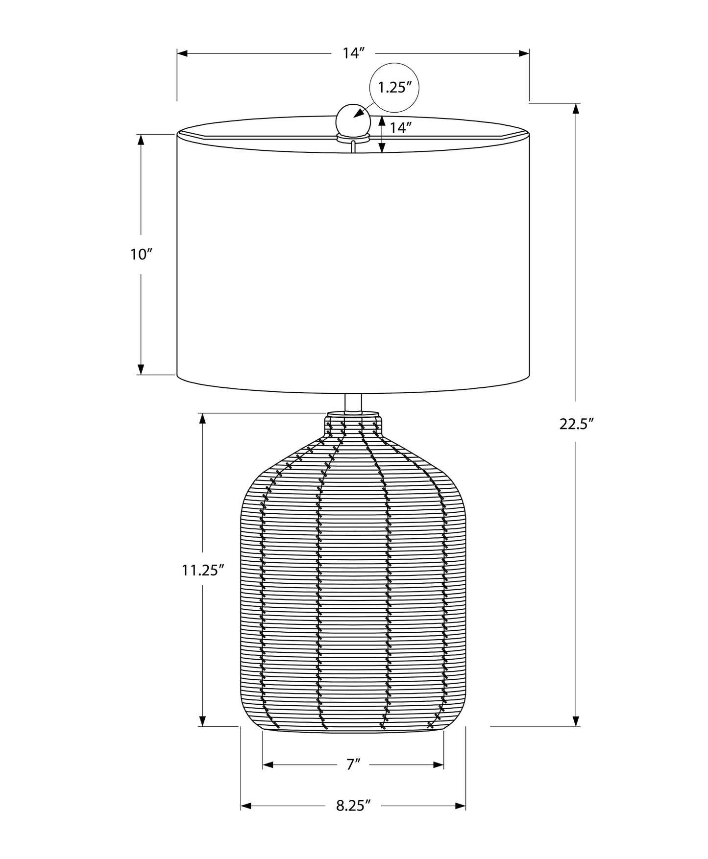 Line drawing of a white table lamp with textured base and white drum shade