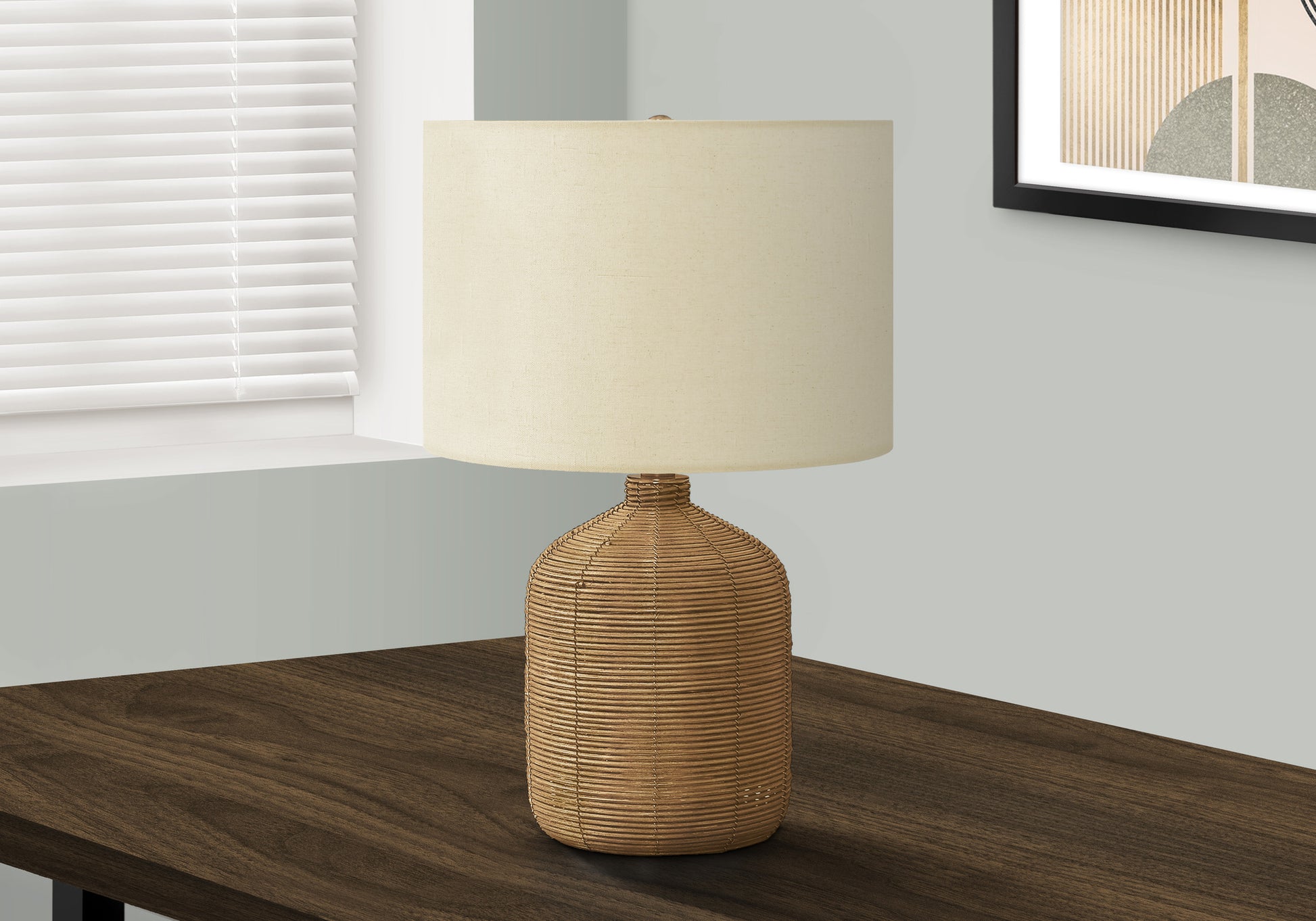 Woven natural fiber table lamp with beige linen shade accenting natural textures