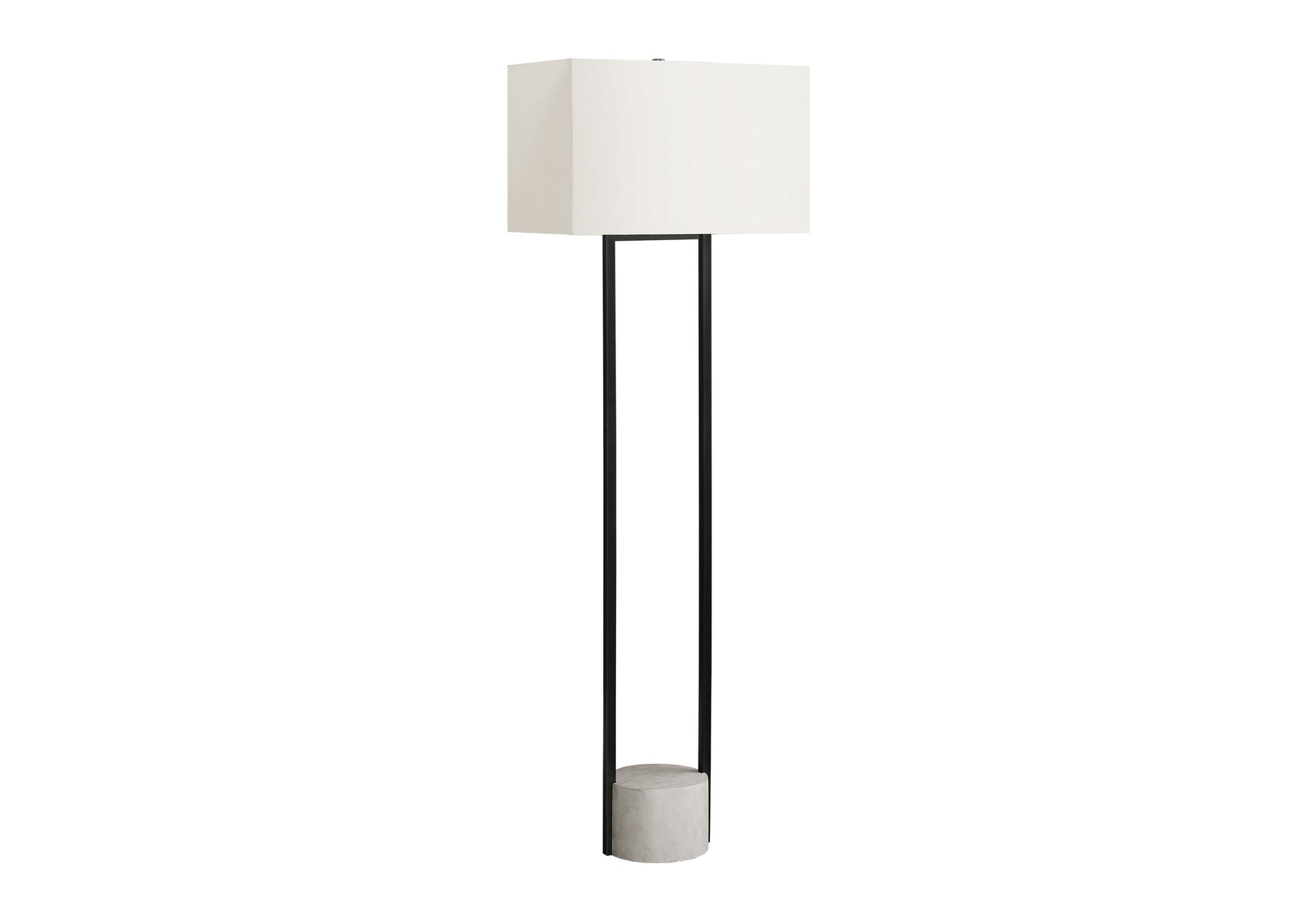 Modern black floor lamp with white rectangular shade and concrete base
