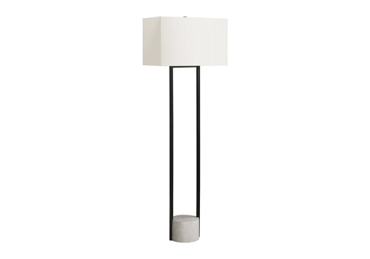 Modern black floor lamp with white rectangular shade and concrete base