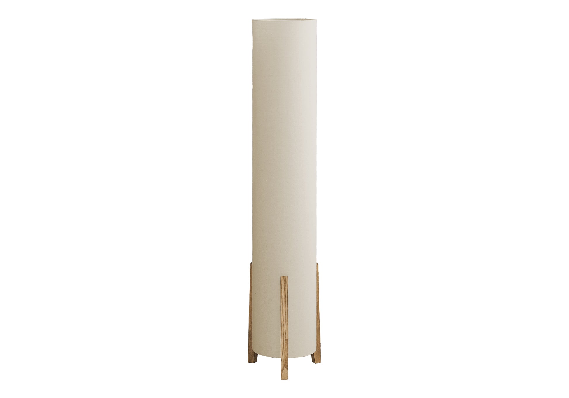 Tall cream fabric floor lamp with a minimalist wooden tripod base ideal for ambient lighting
