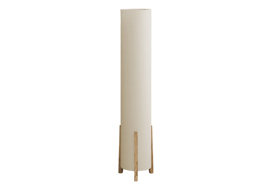 Tall cream fabric floor lamp with a minimalist wooden tripod base ideal for ambient lighting