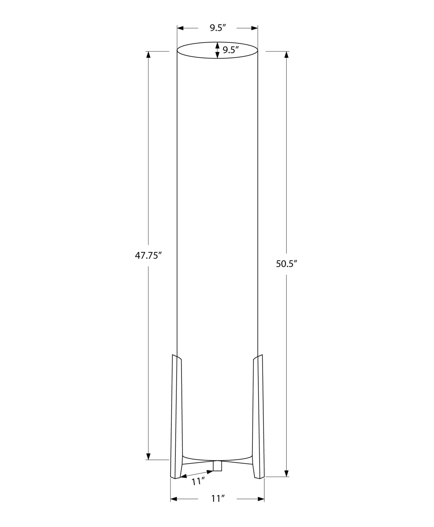 Line drawing of a modern floor lamp with a cylindrical shade and minimalist base showing dimensions
