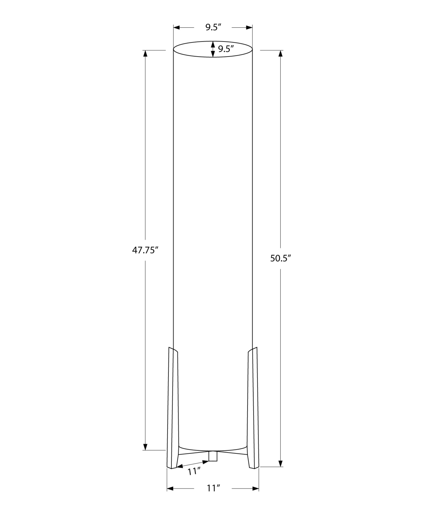 Line drawing of a modern floor lamp with a cylindrical shade and minimalist base showing dimensions