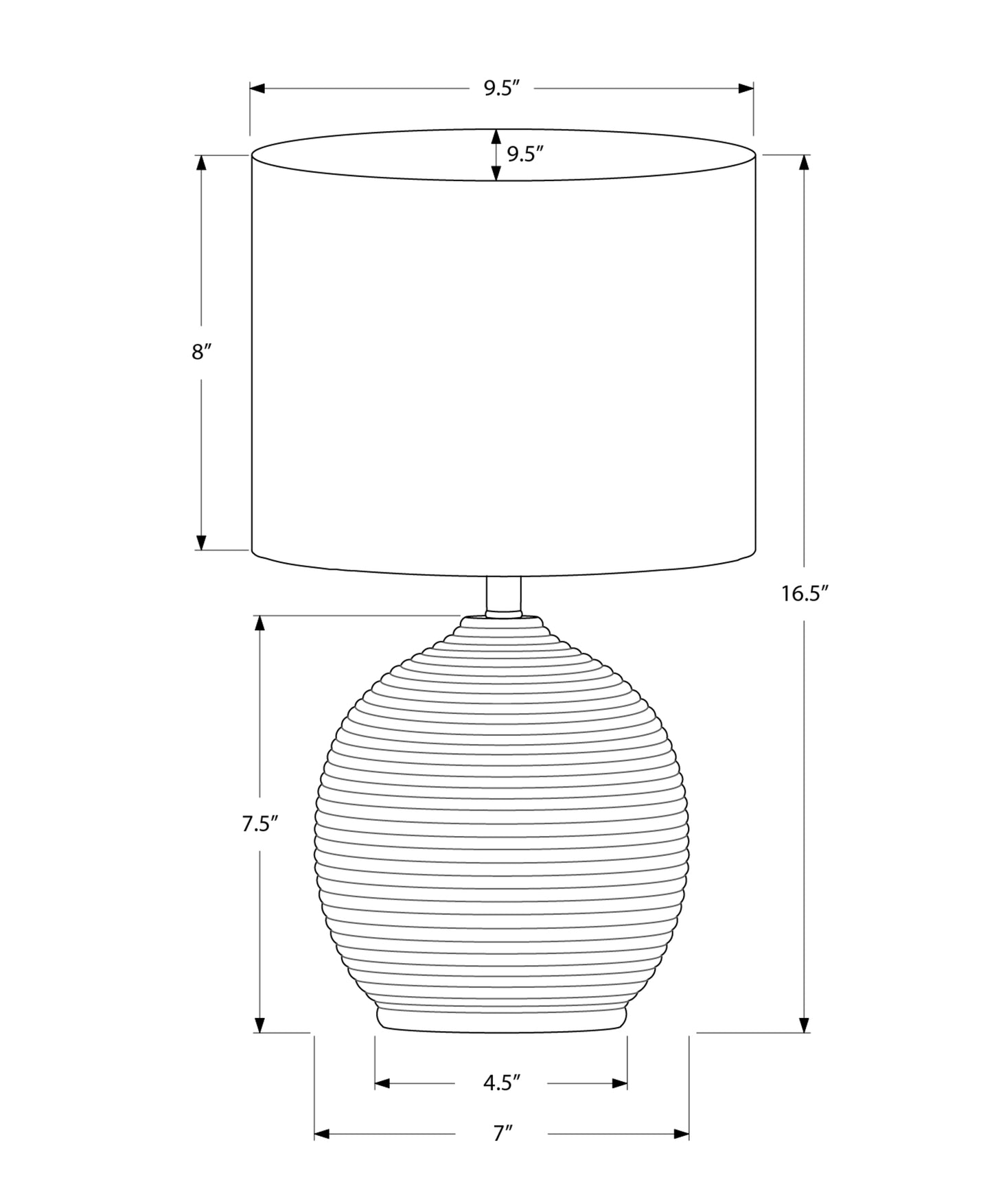 Line drawing of a modern table lamp with textured ceramic base and drum shade total height