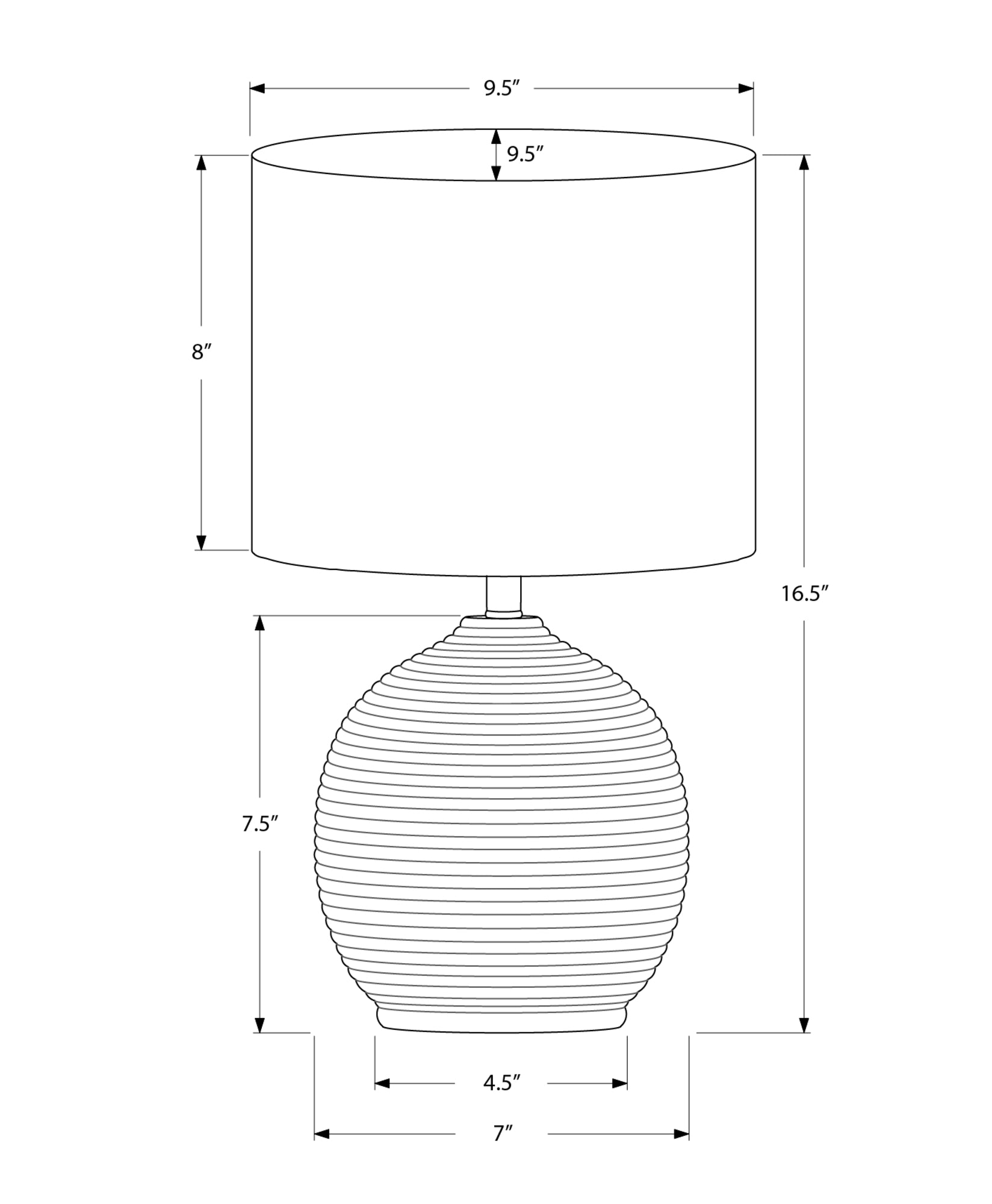 Line drawing of a modern table lamp with textured ceramic base and drum shade total height