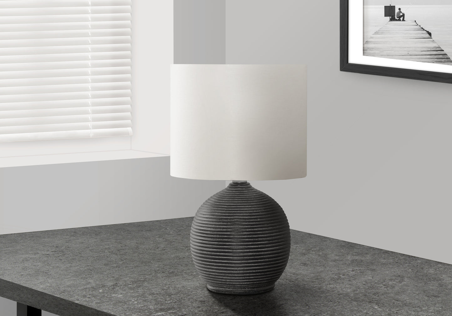 Textured dark grey ceramic base table lamp with white cylindrical shade modern design for living room