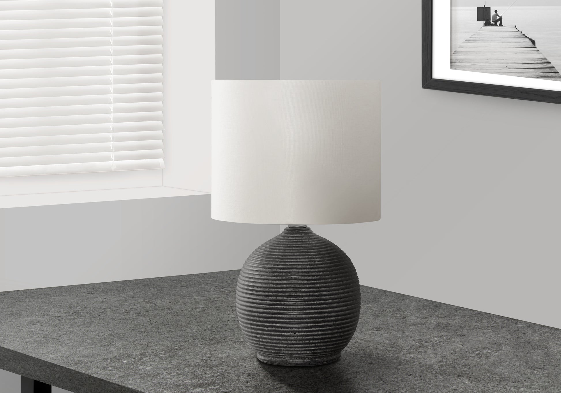 Textured dark grey ceramic base table lamp with white cylindrical shade modern design for living room
