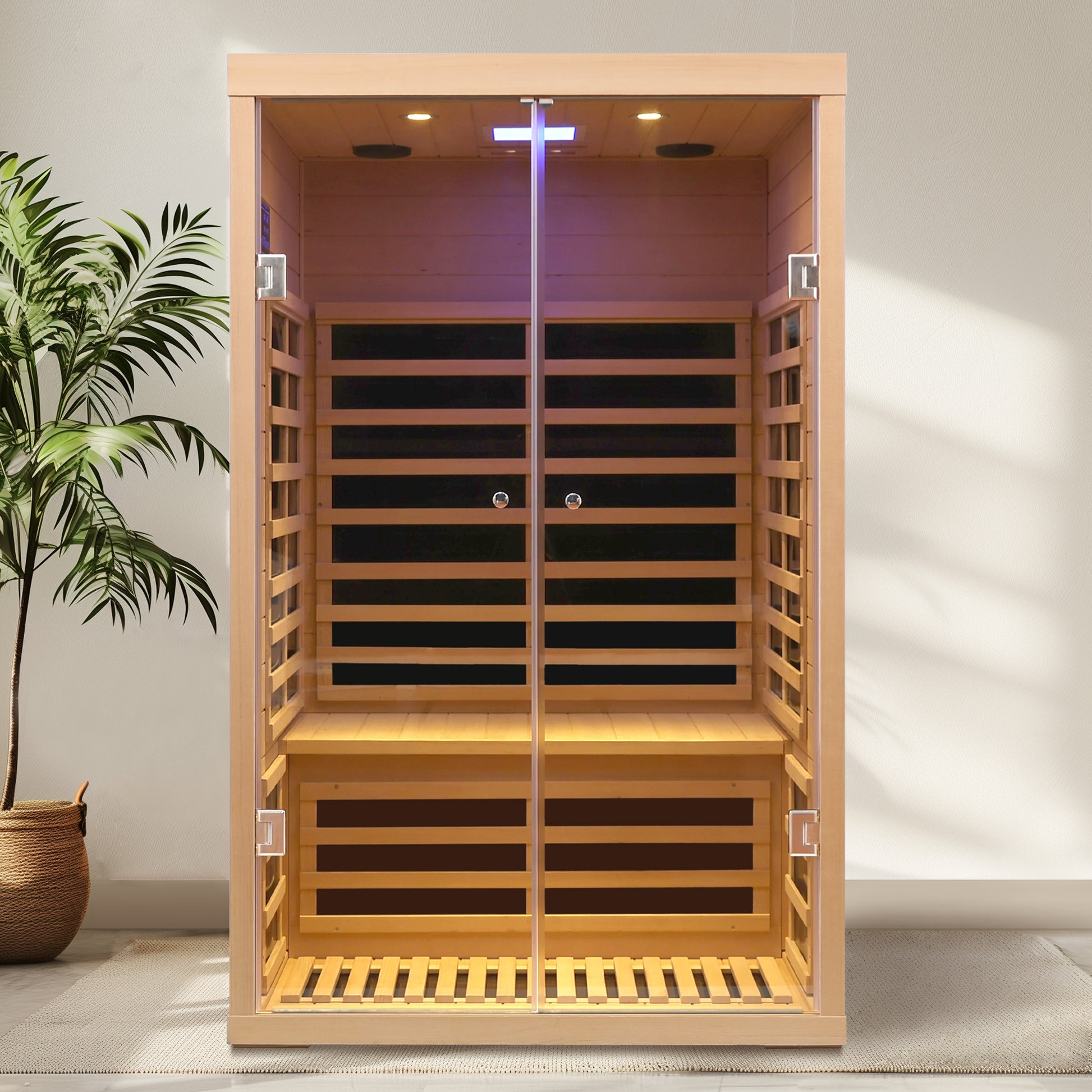 Modern infrared sauna with natural wood frame and tempered glass doors for home spa relaxation