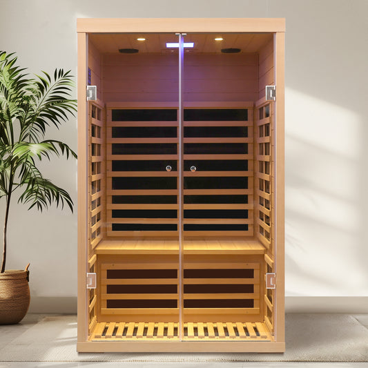 Modern infrared sauna with natural wood frame and tempered glass doors for home spa relaxation