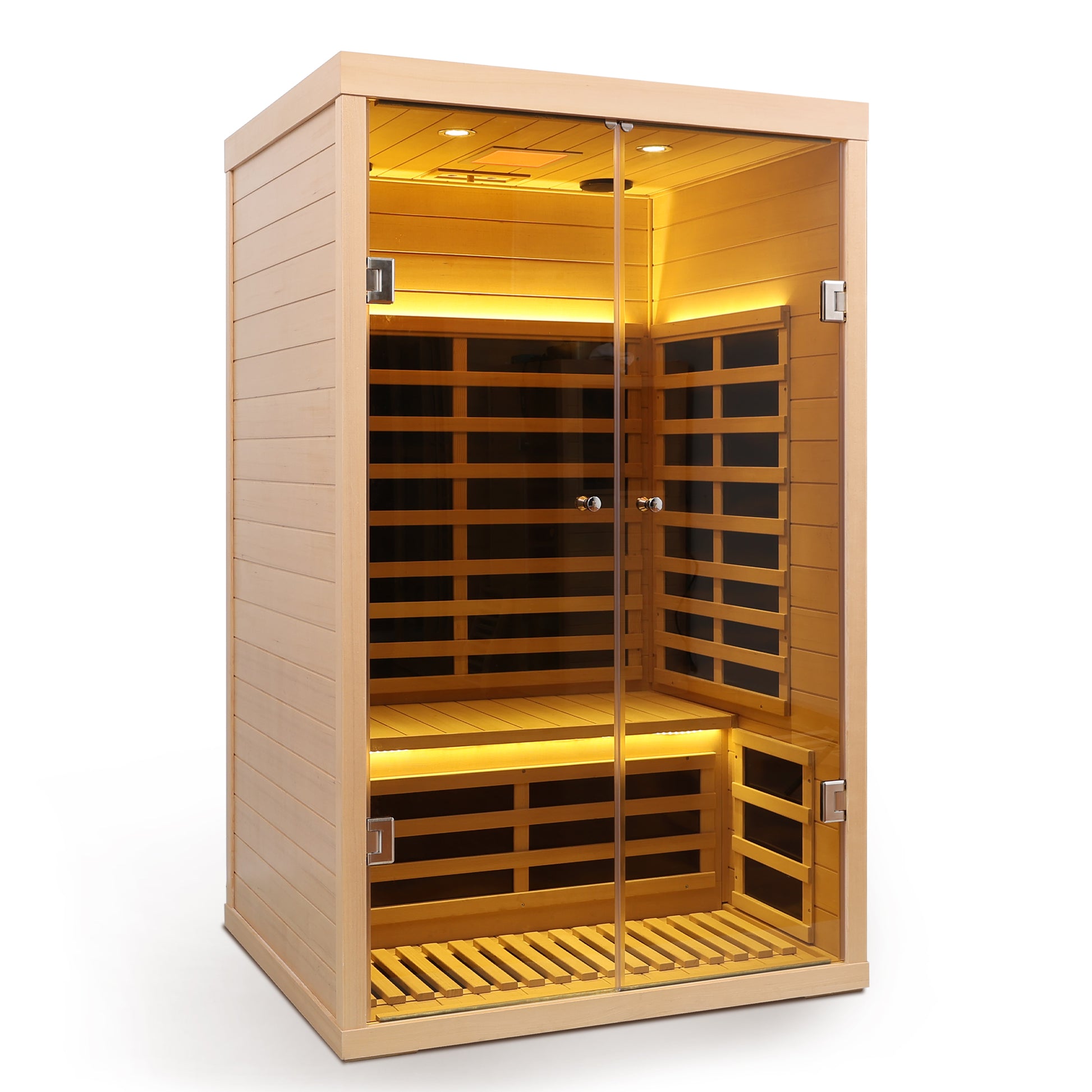 Light wood infrared sauna cabin with glass doors featuring interior lighting and wooden slatted seating