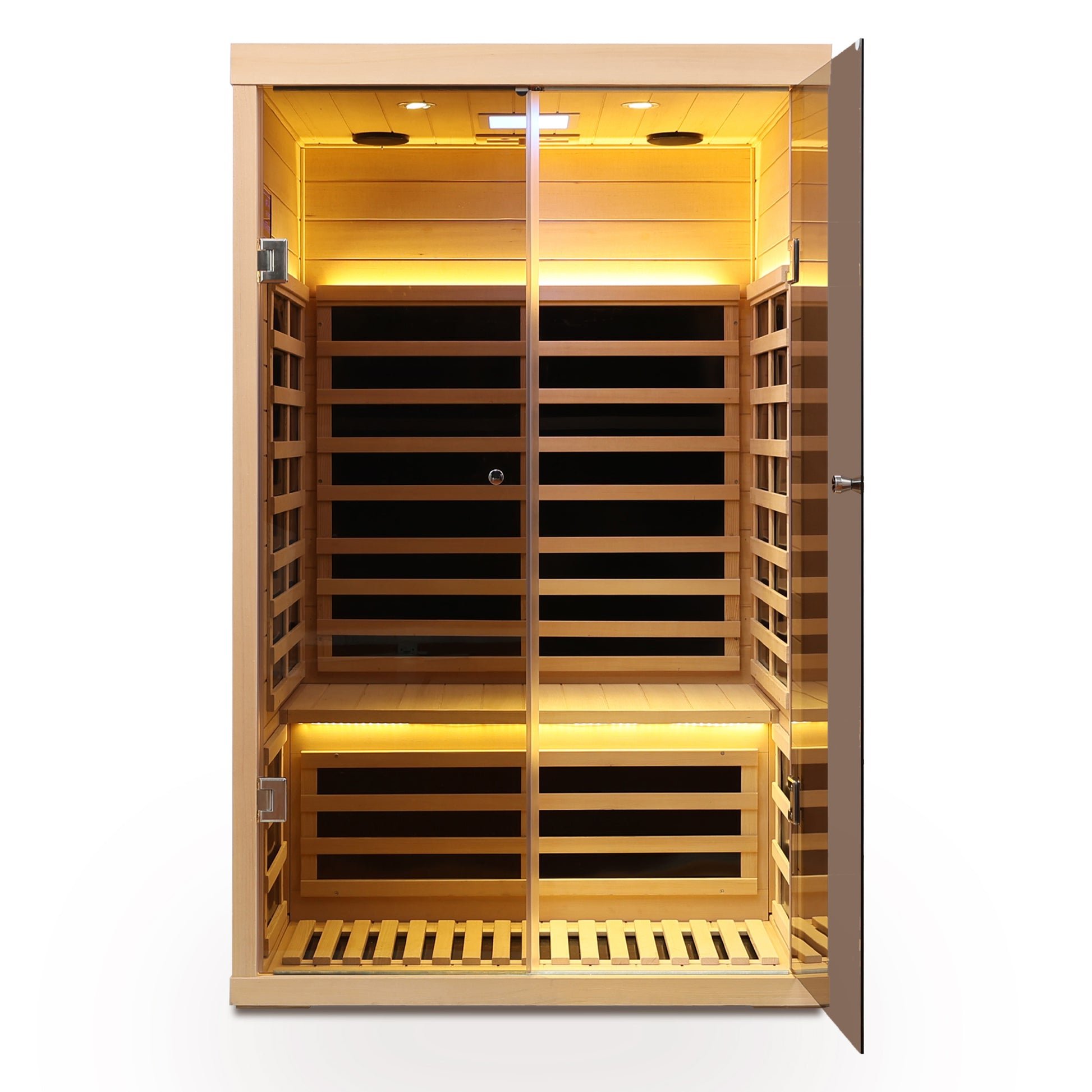 Modern infrared sauna with natural wood interior and glass doors perfect for home spa
