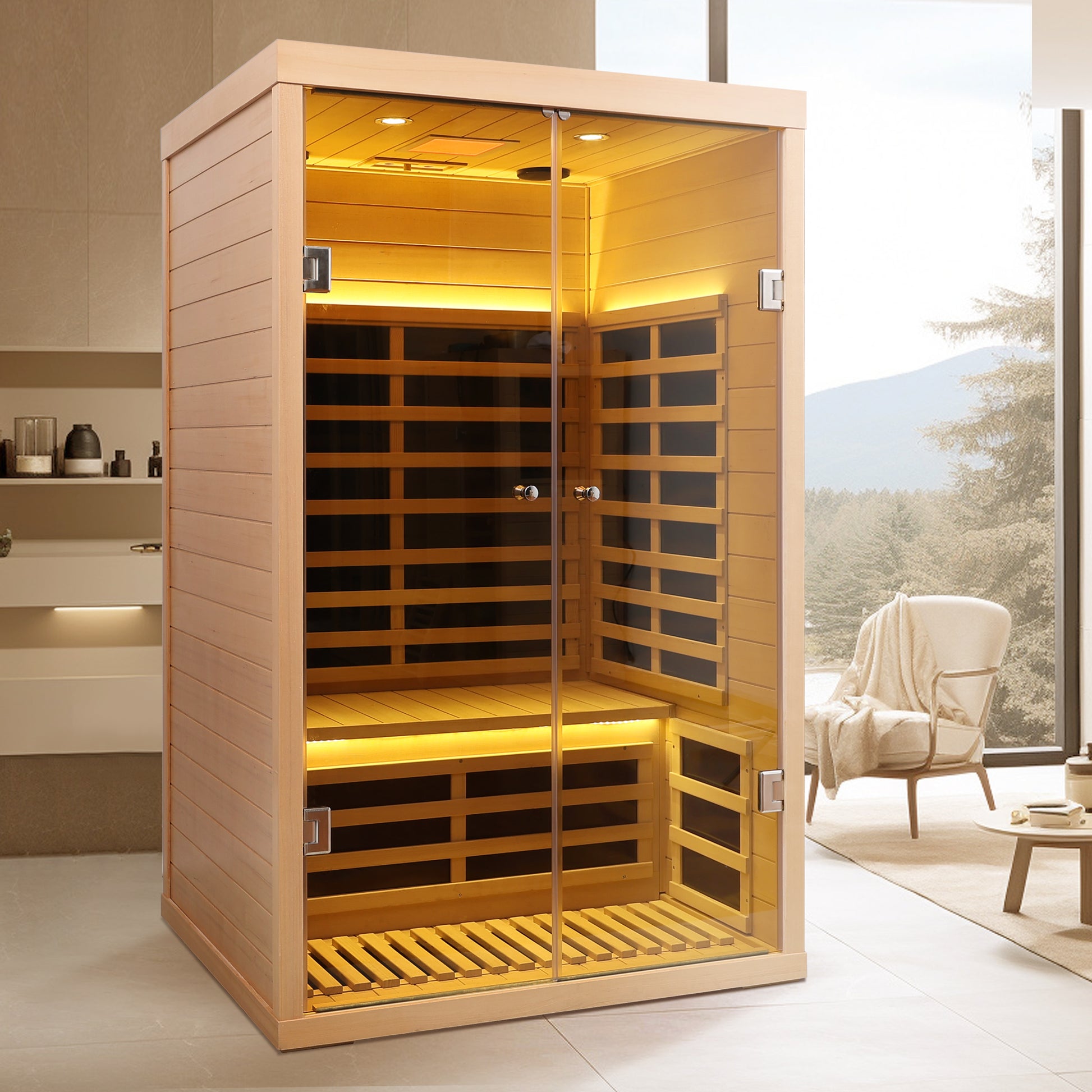 Luxurious person infrared sauna crafted from natural hemlock wood featuring LED lighting