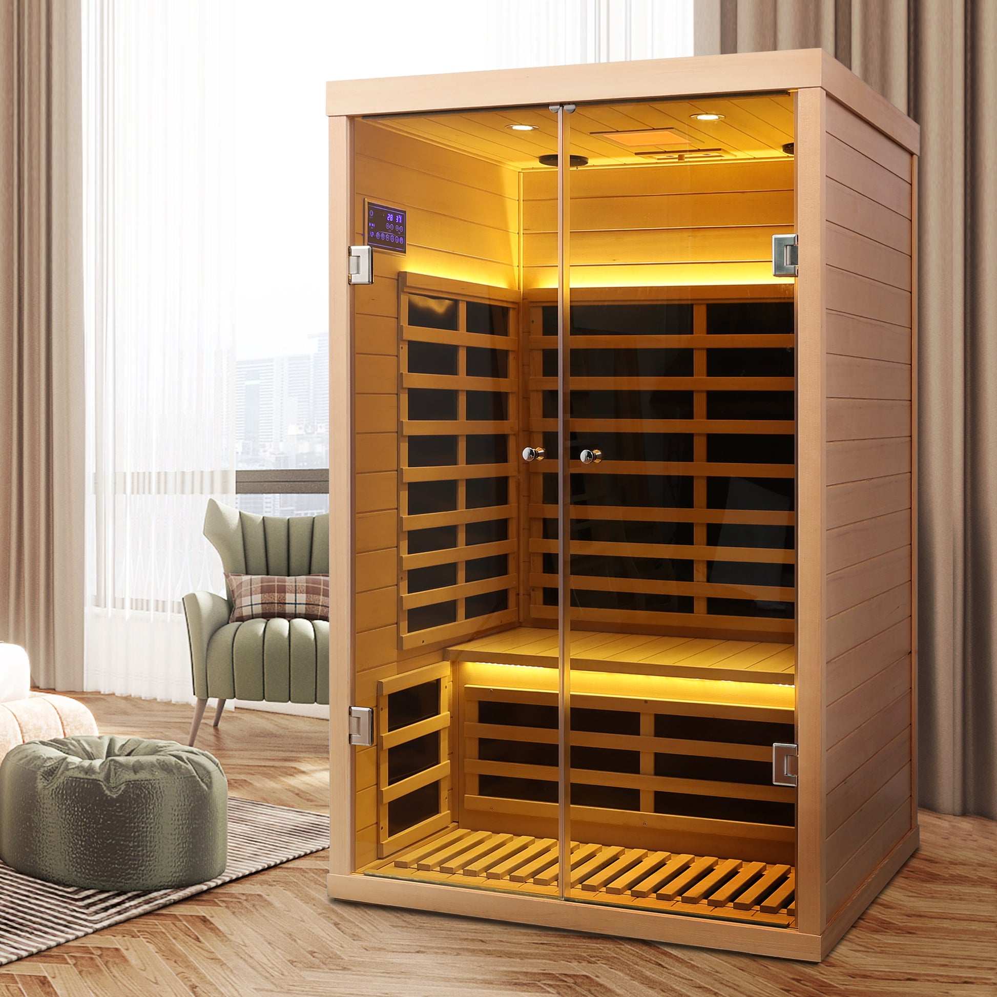 Luxurious infrared sauna cabin with glass doors and warm wooden interior for relaxation