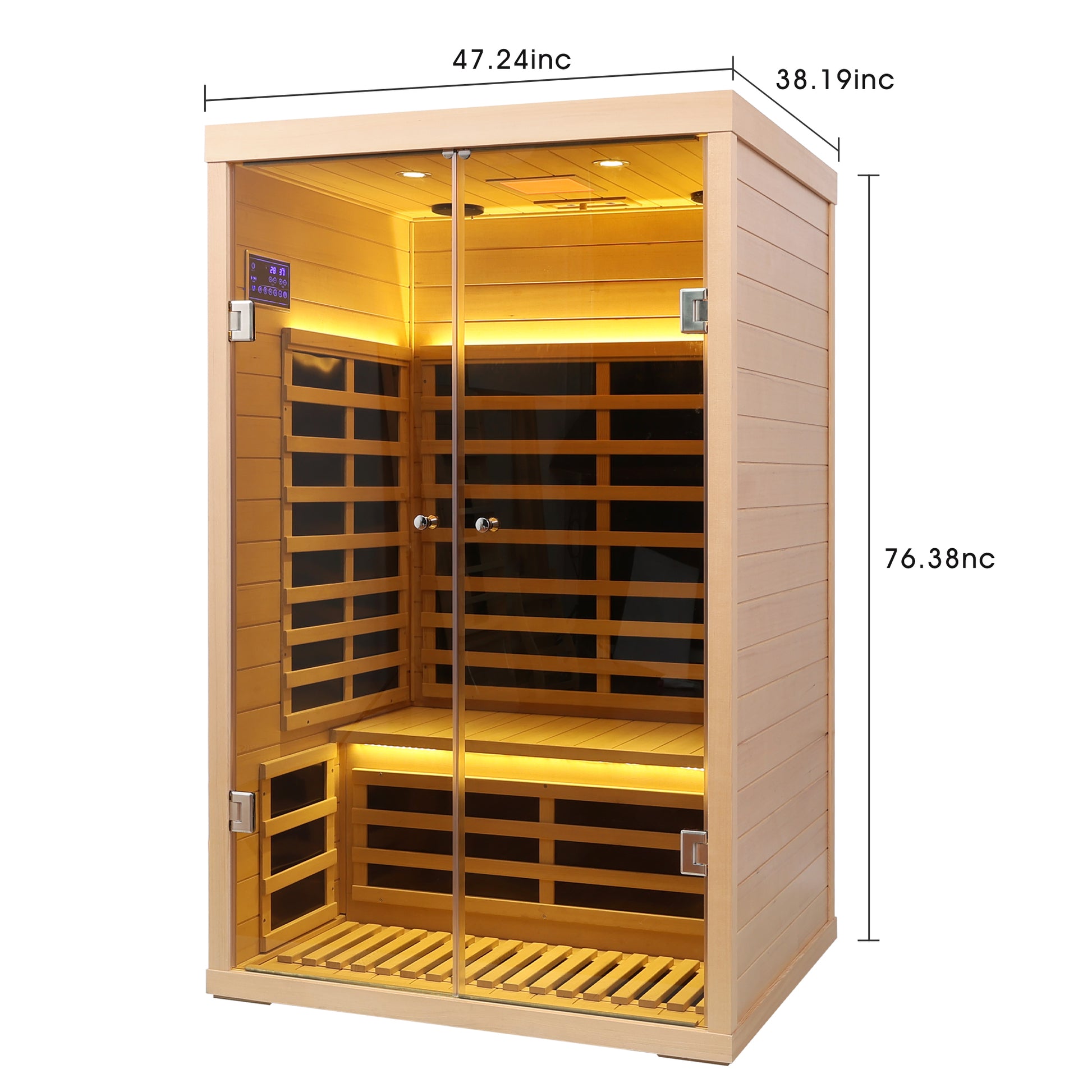 Modern person infrared sauna with wood interior and glass door for home wellness