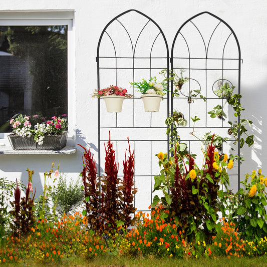 Black metal arched trellis supports climbing plants and two hanging planters with flowers