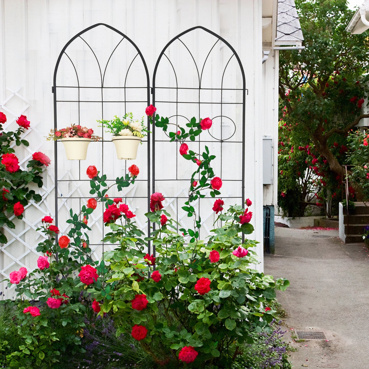 Black metal garden trellis with climbing red roses and hanging planters