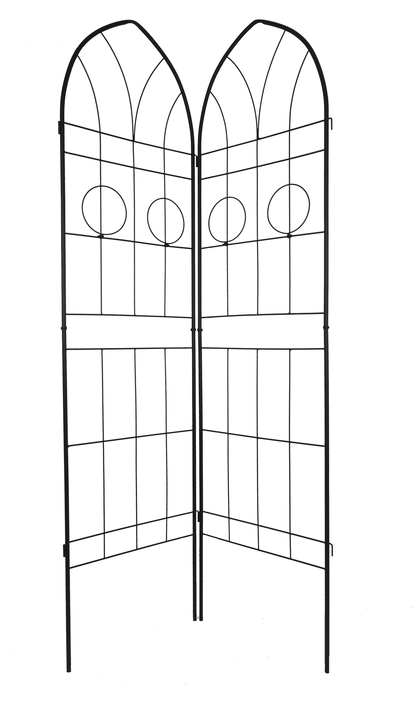 Black metal garden trellises with arched tops and circular accents ideal for climbing plants