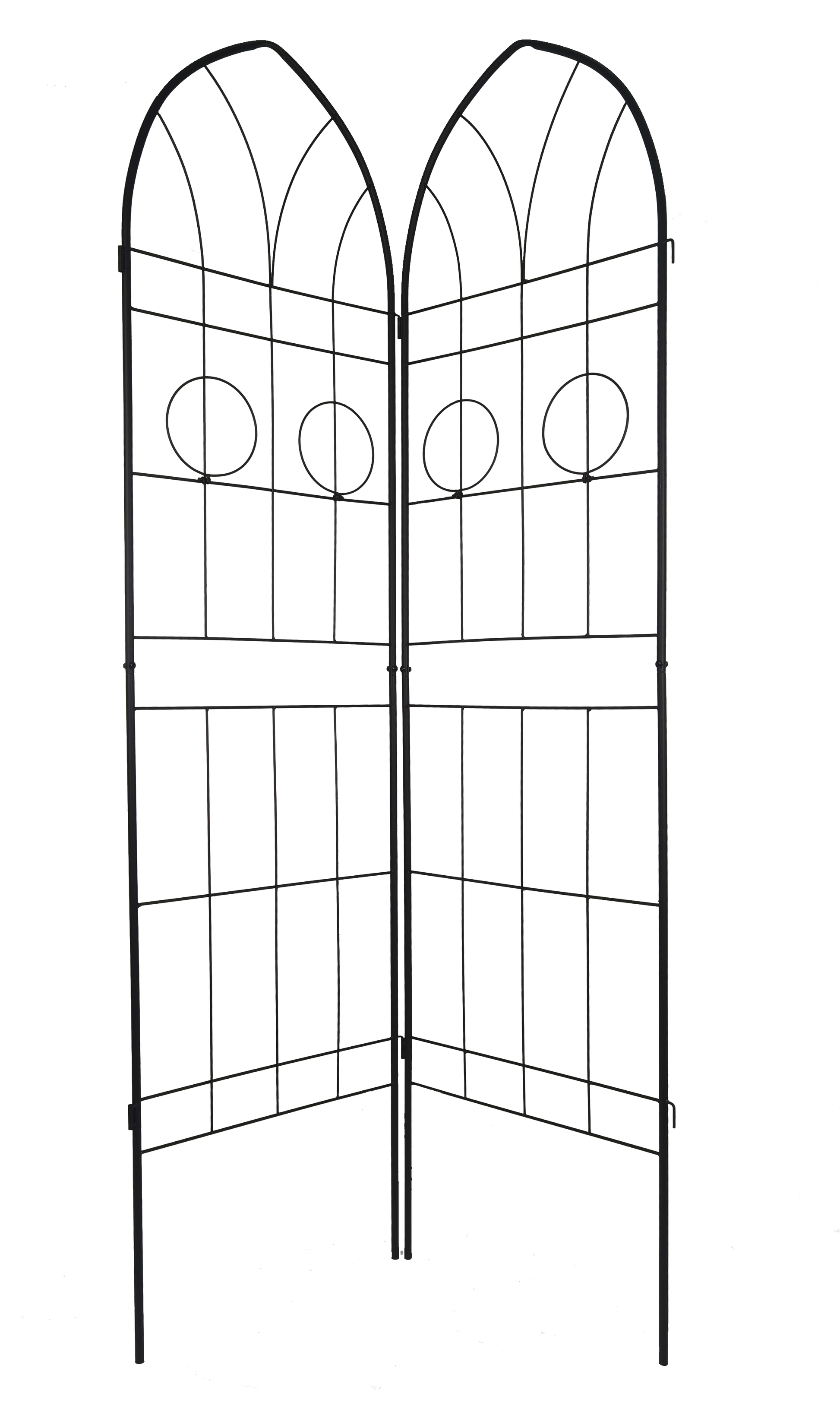 Black metal garden trellises with arched tops and circular accents ideal for climbing plants