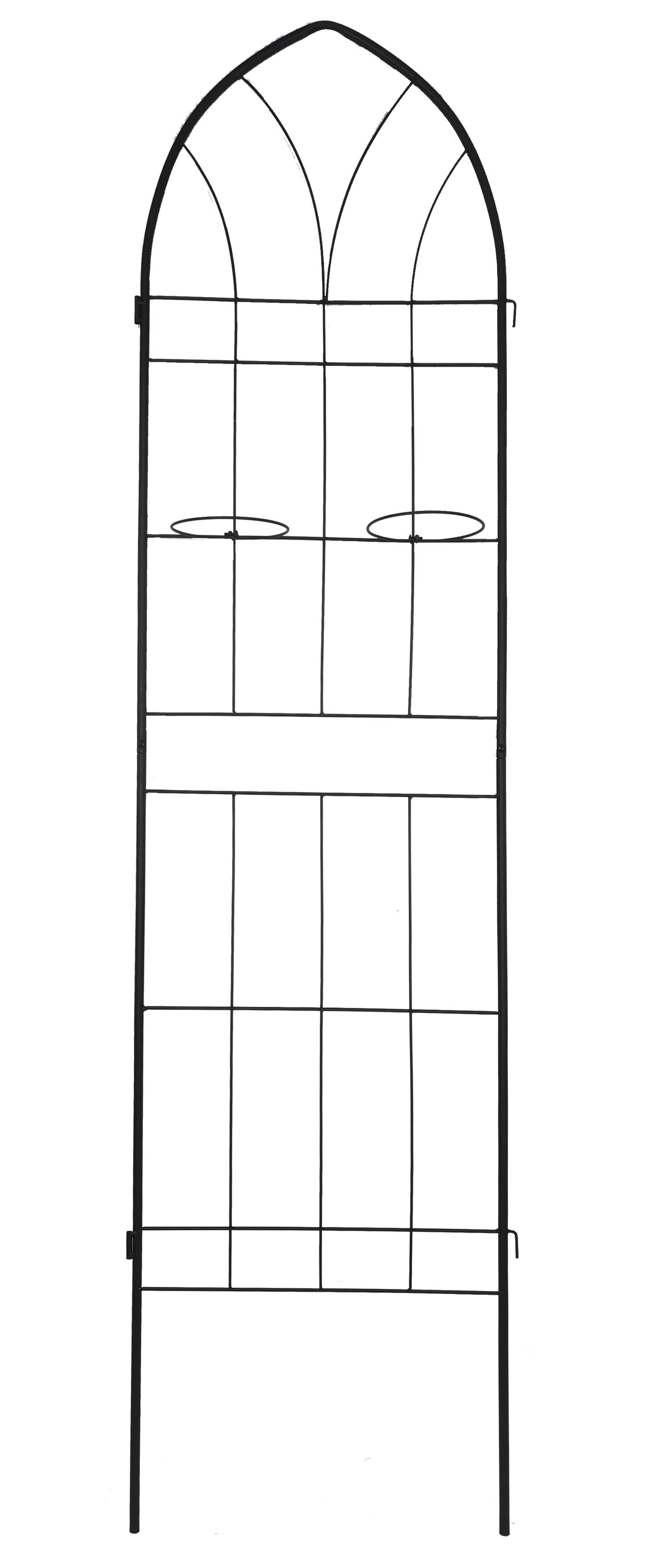 Black metal arched garden trellis with multiple tiers for climbing plants