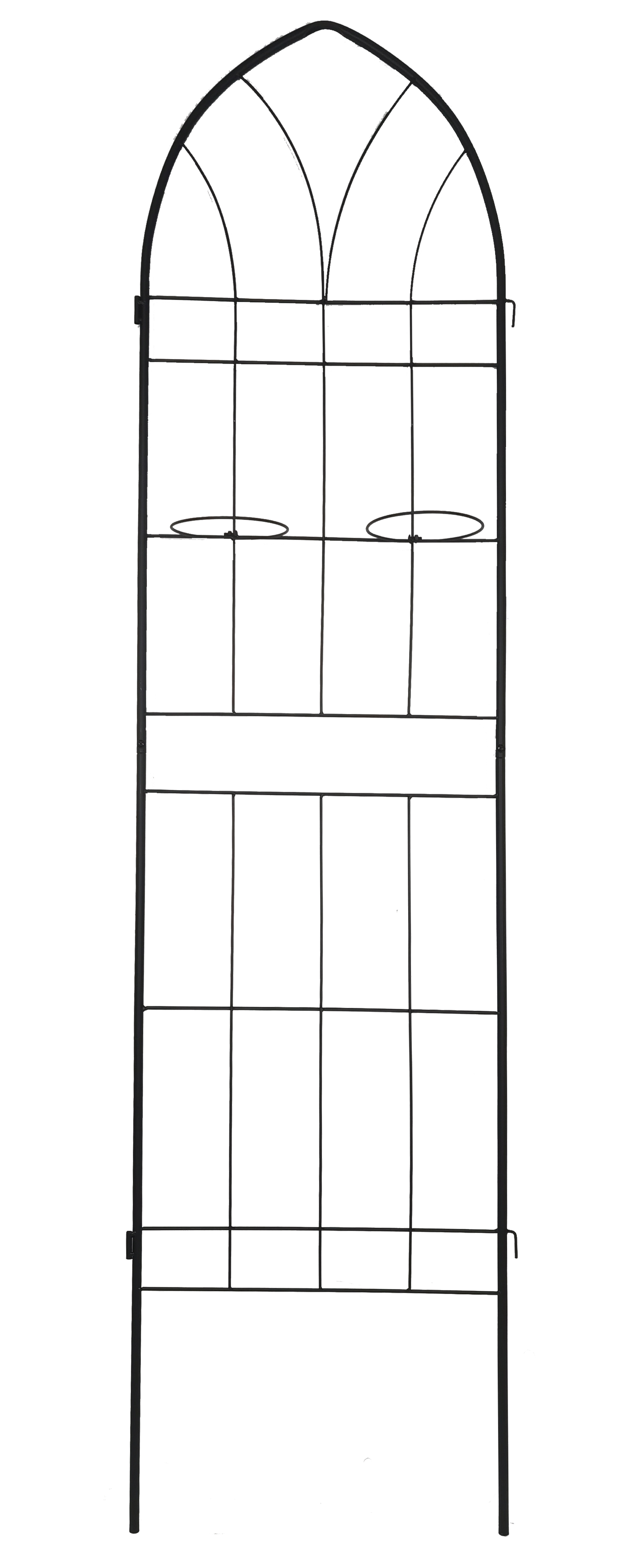Black metal arched garden trellis with multiple tiers for climbing plants