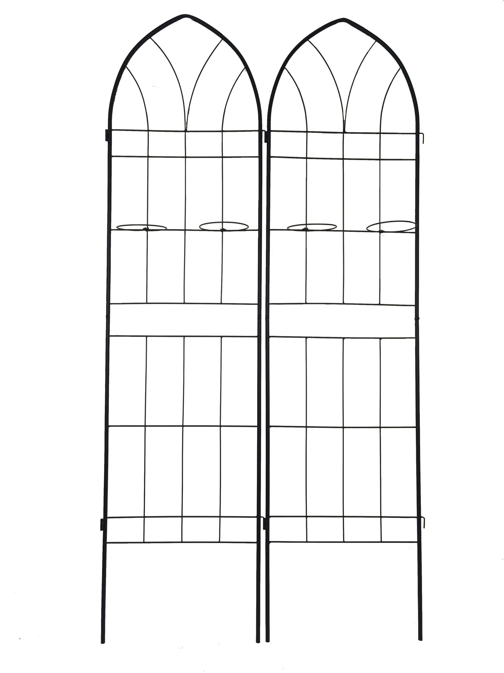 Black metal garden trellis with arched top and multiple horizontal supports for climbing plants