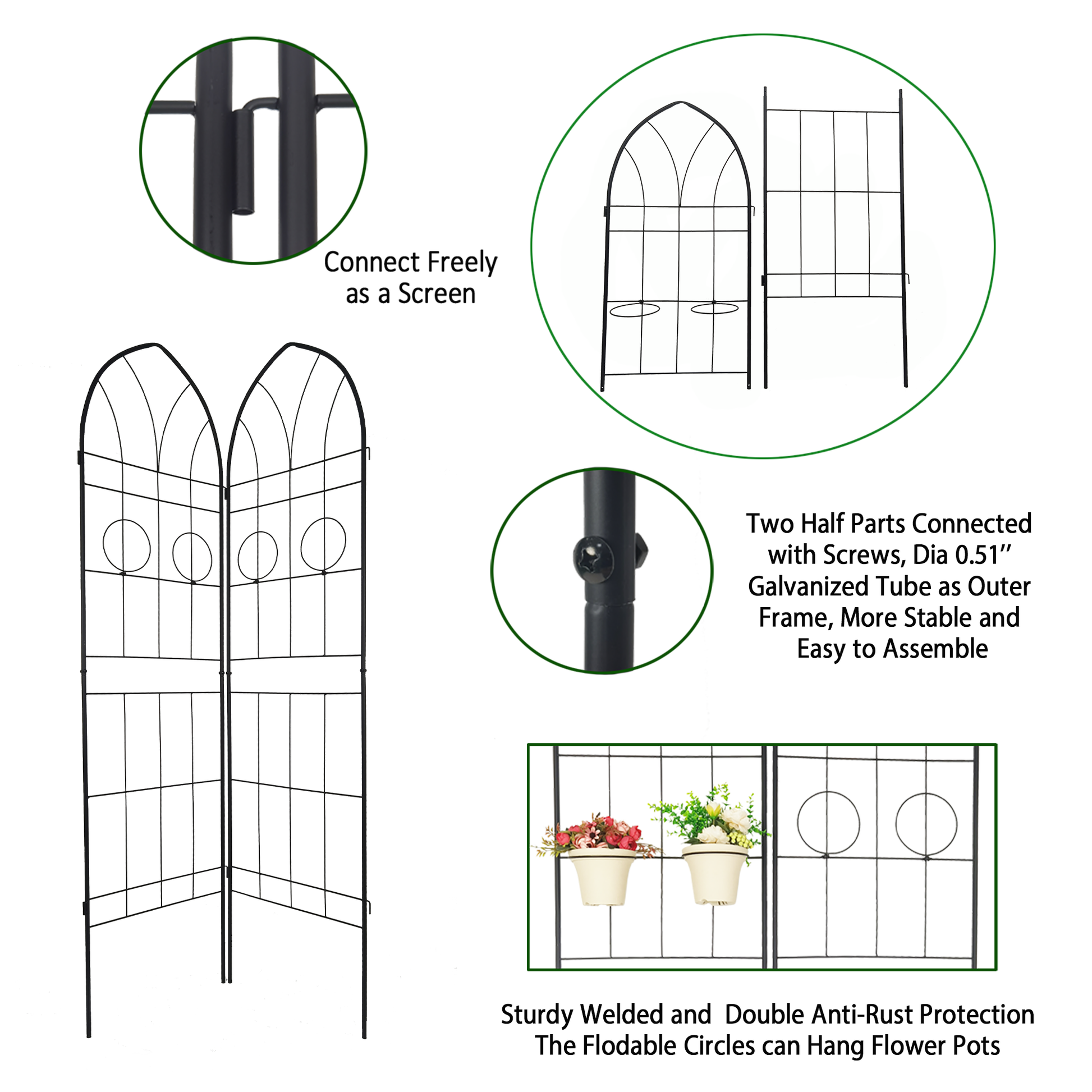 Black metal garden trellis with gothic arch tops connecting freely as a screen