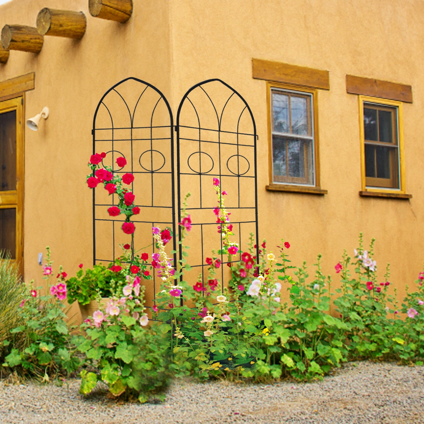 Black metal garden trellis with arched top supporting climbing roses and hollyhocks