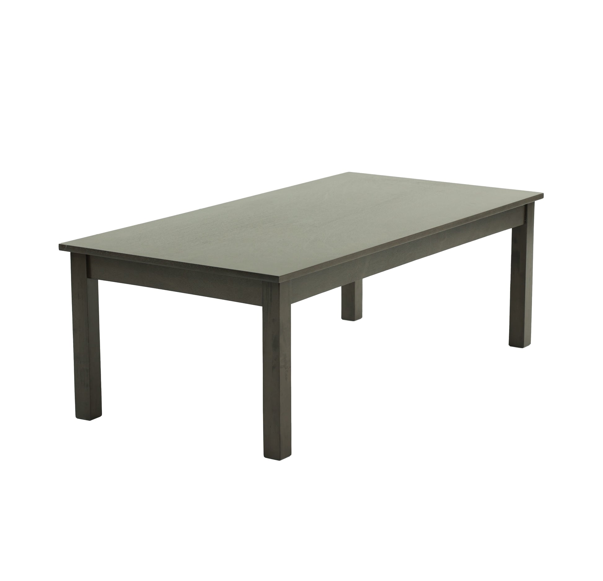Dark gray wooden dining table with simple modern design seats six people