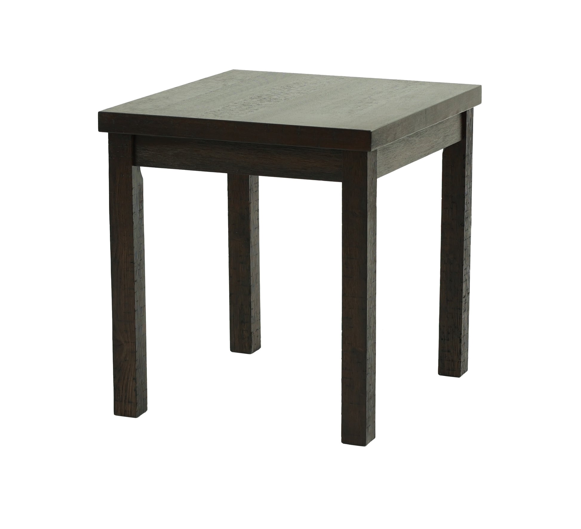 Dark wood square end table with a textured top and thick legs