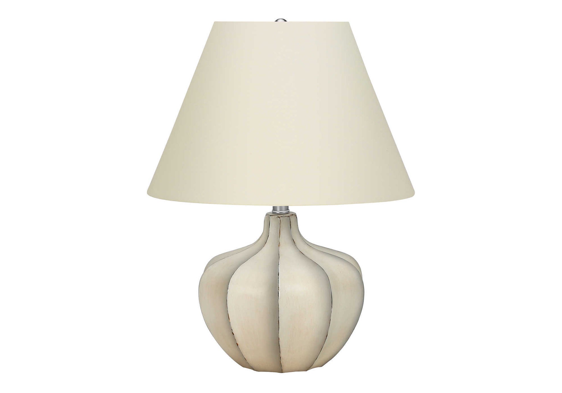 Cream distressed ceramic pumpkin table lamp with ivory conical shade