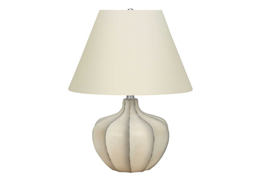 Cream distressed ceramic pumpkin table lamp with ivory conical shade
