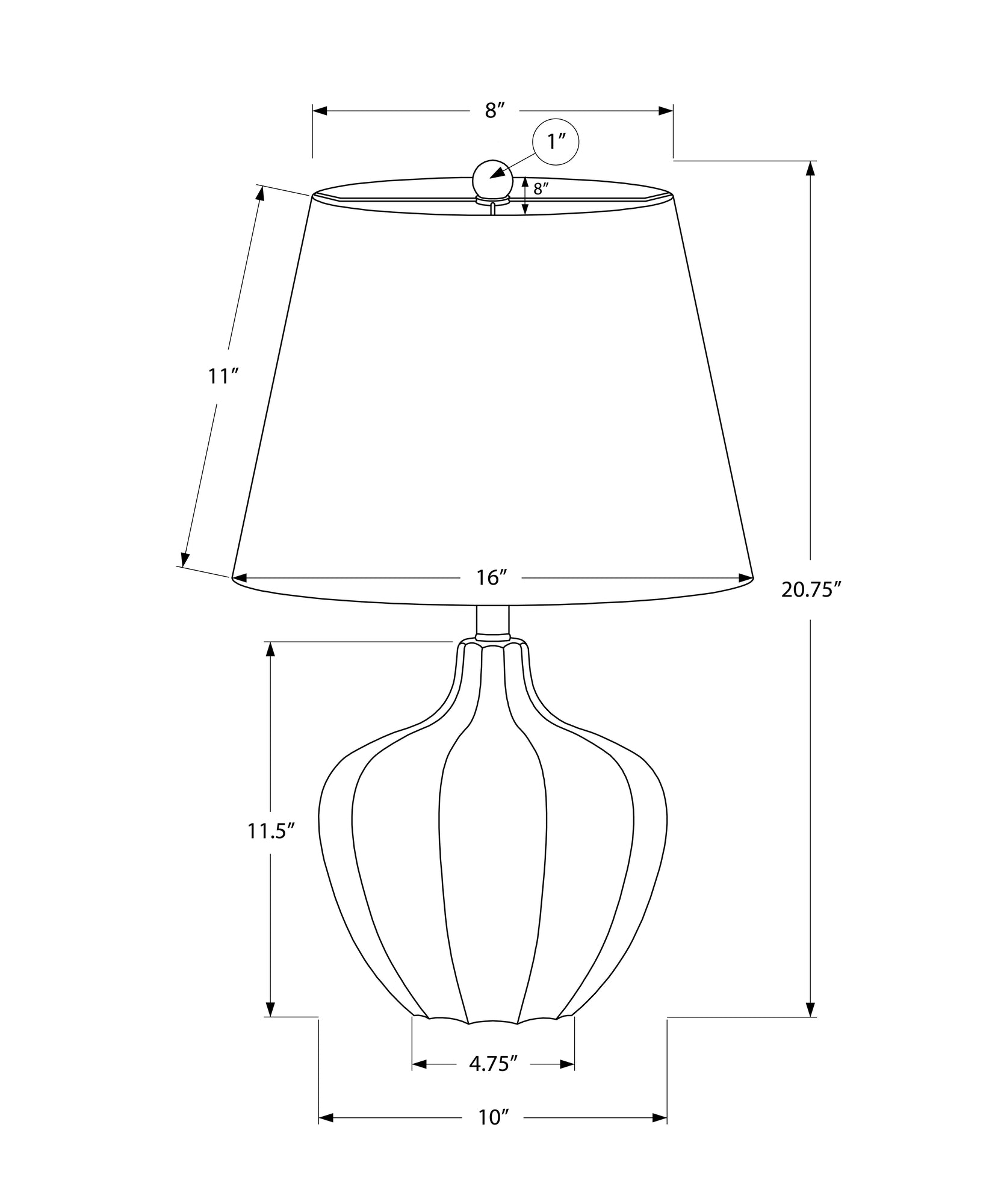 Diagram of a modern table lamp with fluted base and conical shade showing dimensions