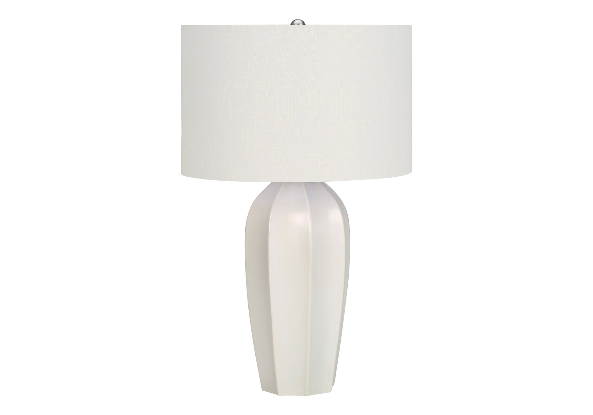 White ceramic table lamp with textured drum shade for modern decor