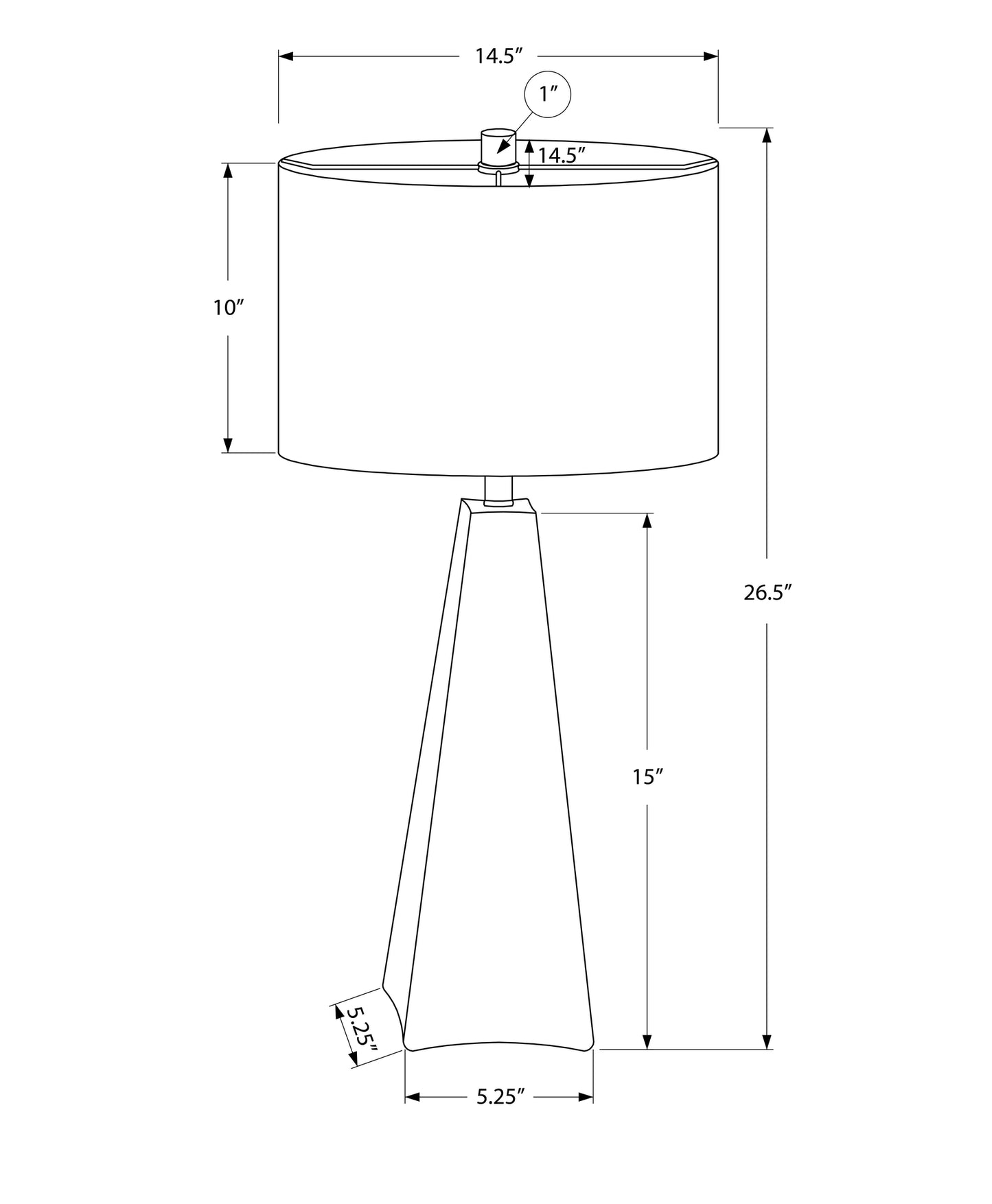 Blueprint of a modern table lamp with a conical base and cylindrical shade showing dimensions