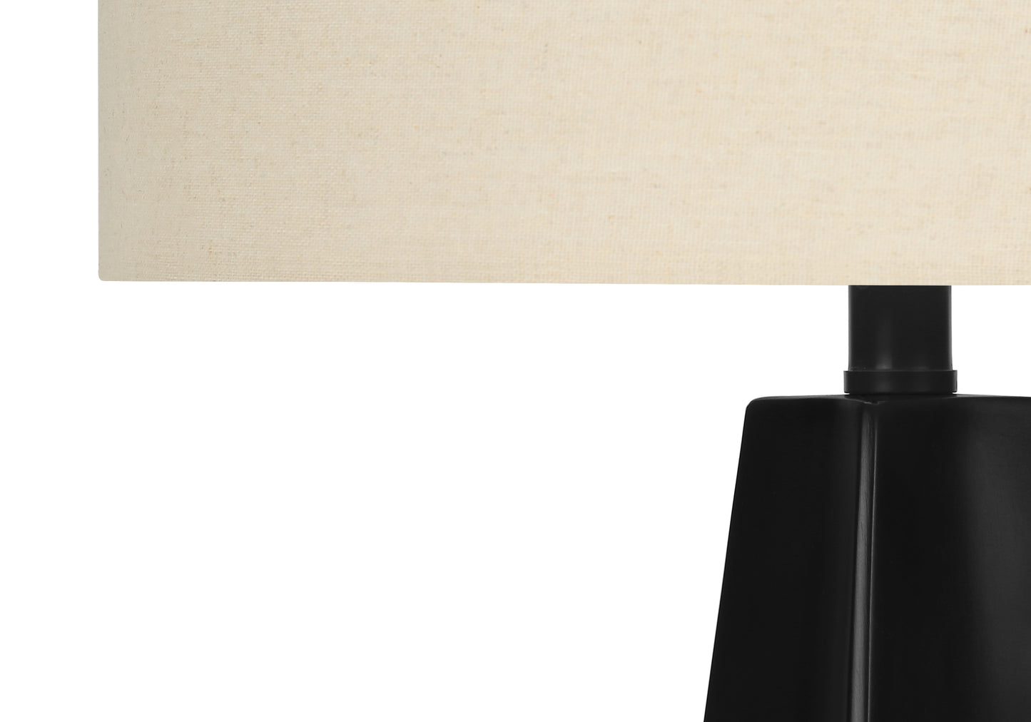 Black geometric base table lamp with textured cream linen shade