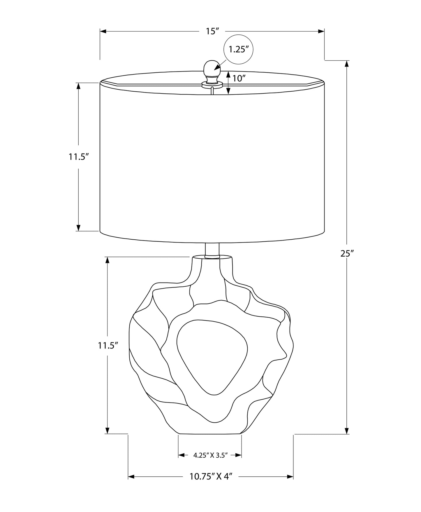 Schematic drawing of a inch tall table lamp with a inch wide drum shade