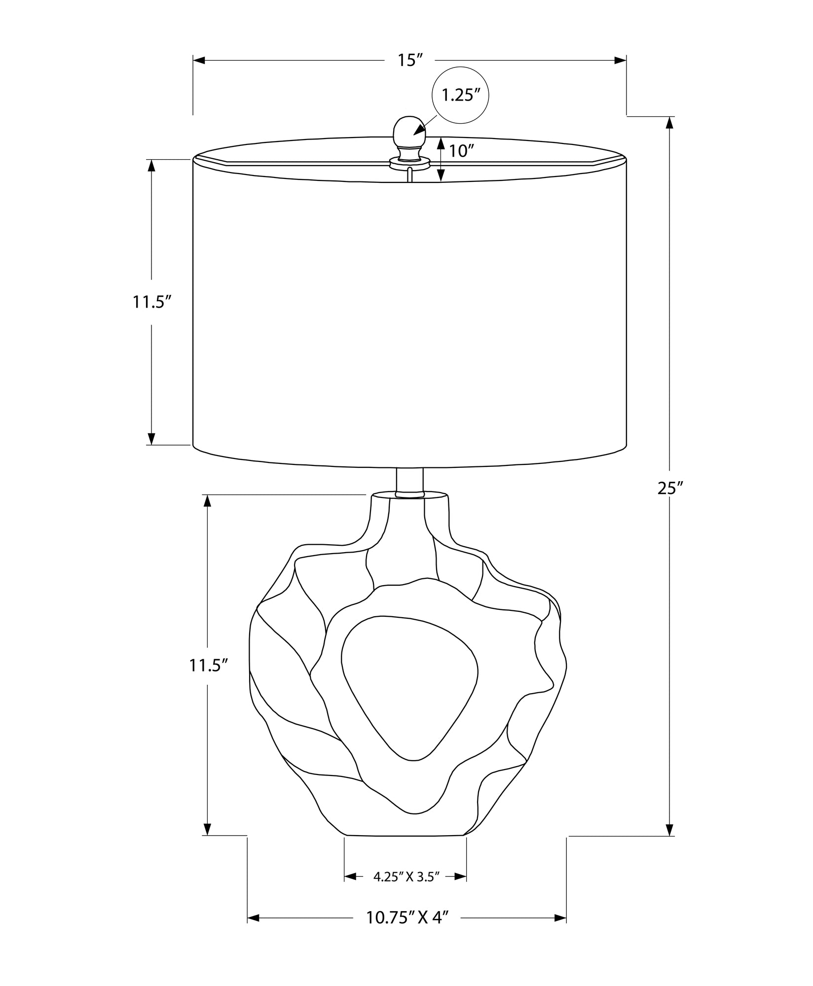 Schematic drawing of a inch tall table lamp with a inch wide drum shade