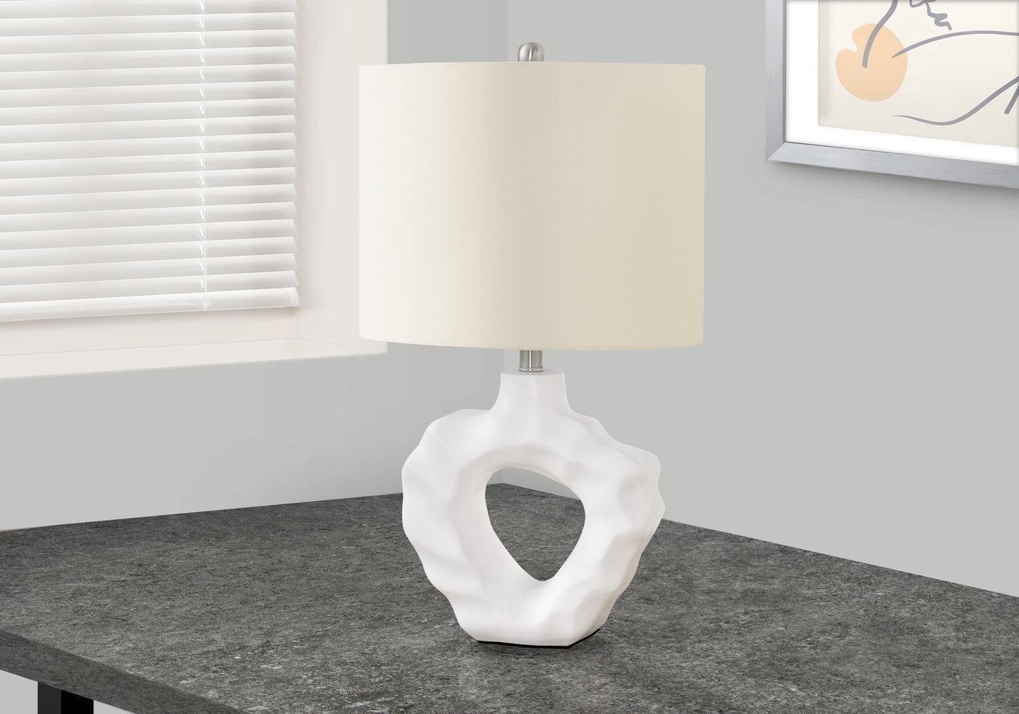 White abstract ceramic table lamp with cream shade for modern living room decor