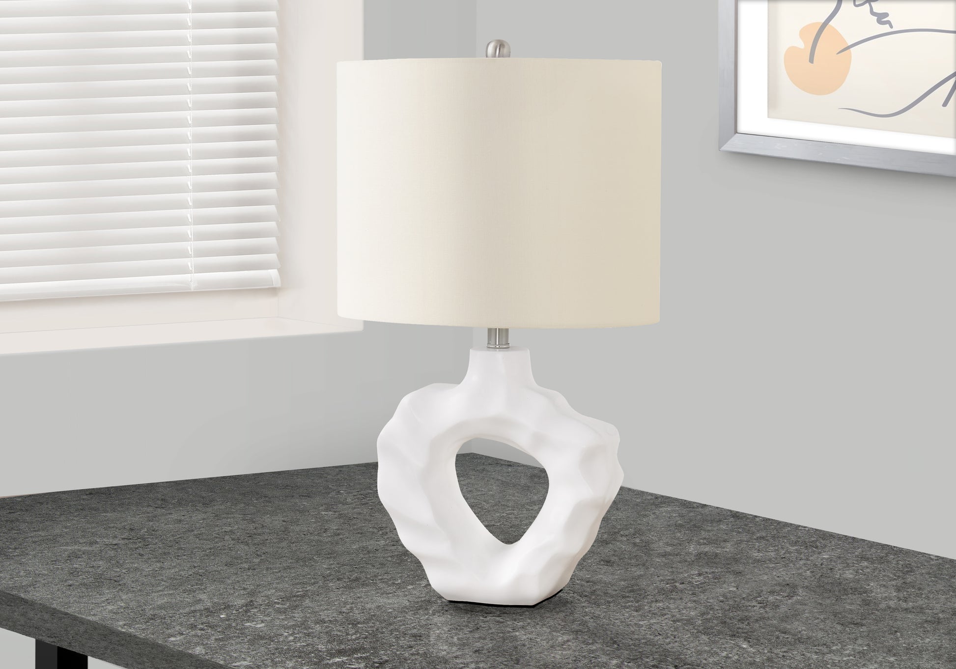 White abstract ceramic table lamp with cream shade for modern living room decor