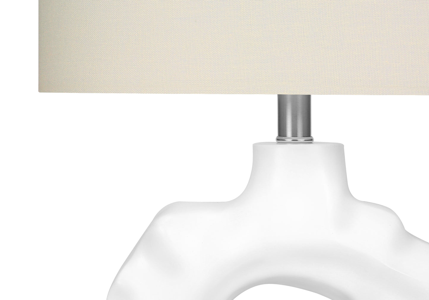 White ceramic sculptural table lamp with offwhite linen shade