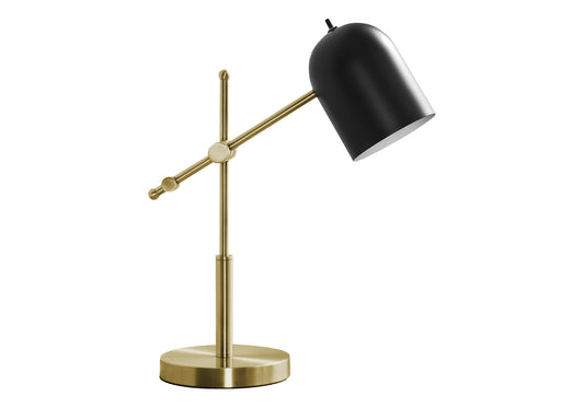Modern brass desk lamp with adjustable black dome shade and weighted circular base