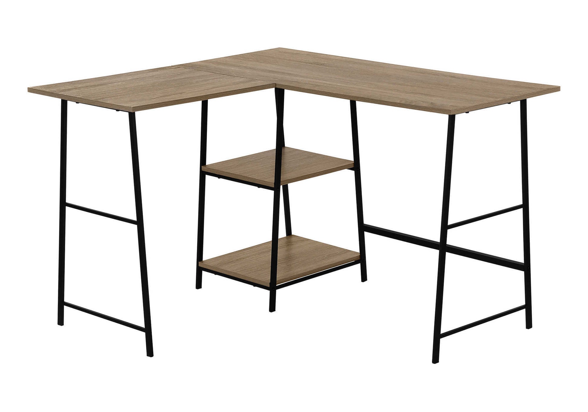 Light oak corner desk with black metal frame ideal for home office