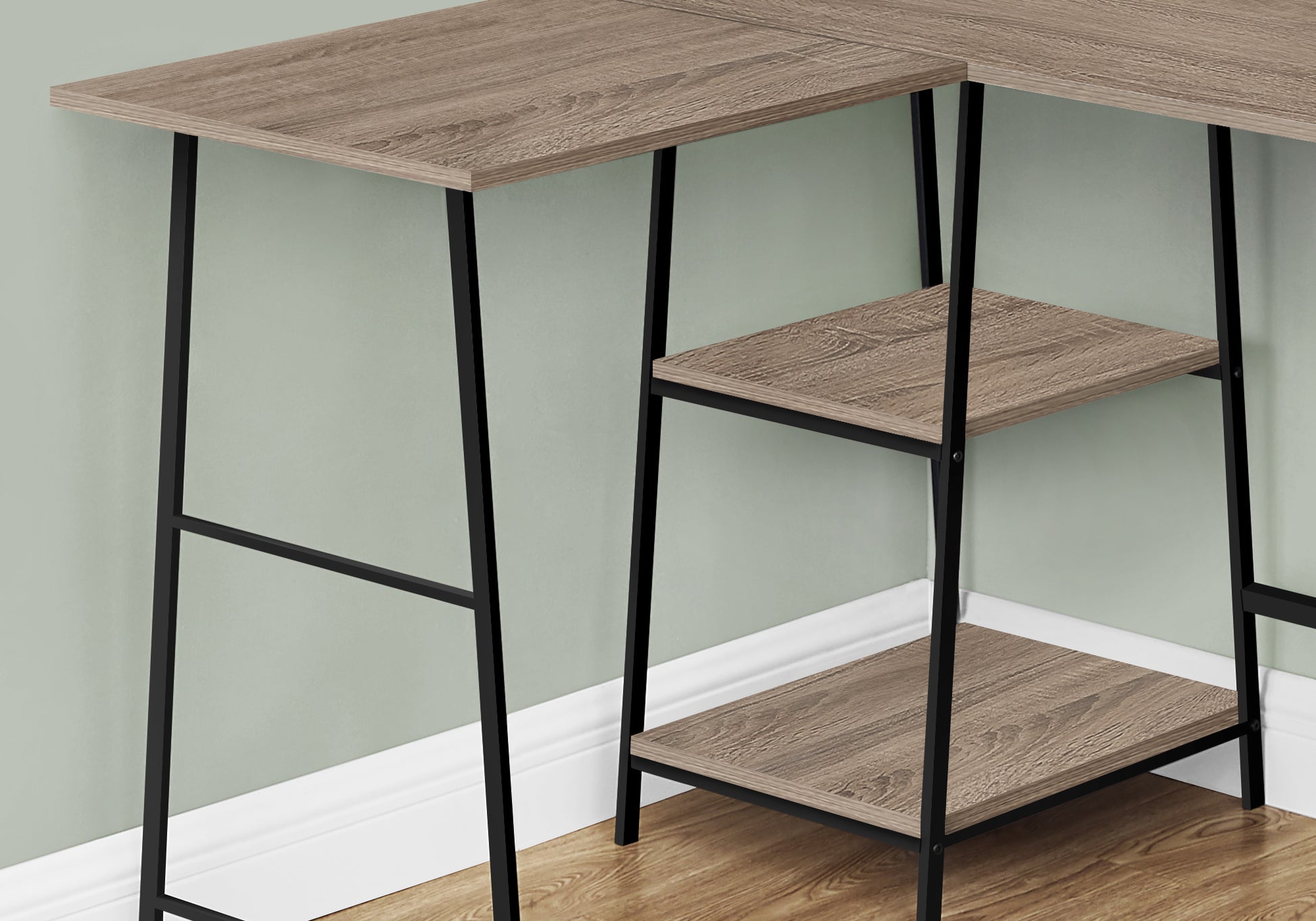 Modern oak veneer desk with black metal frame and two open shelves for workspace organization