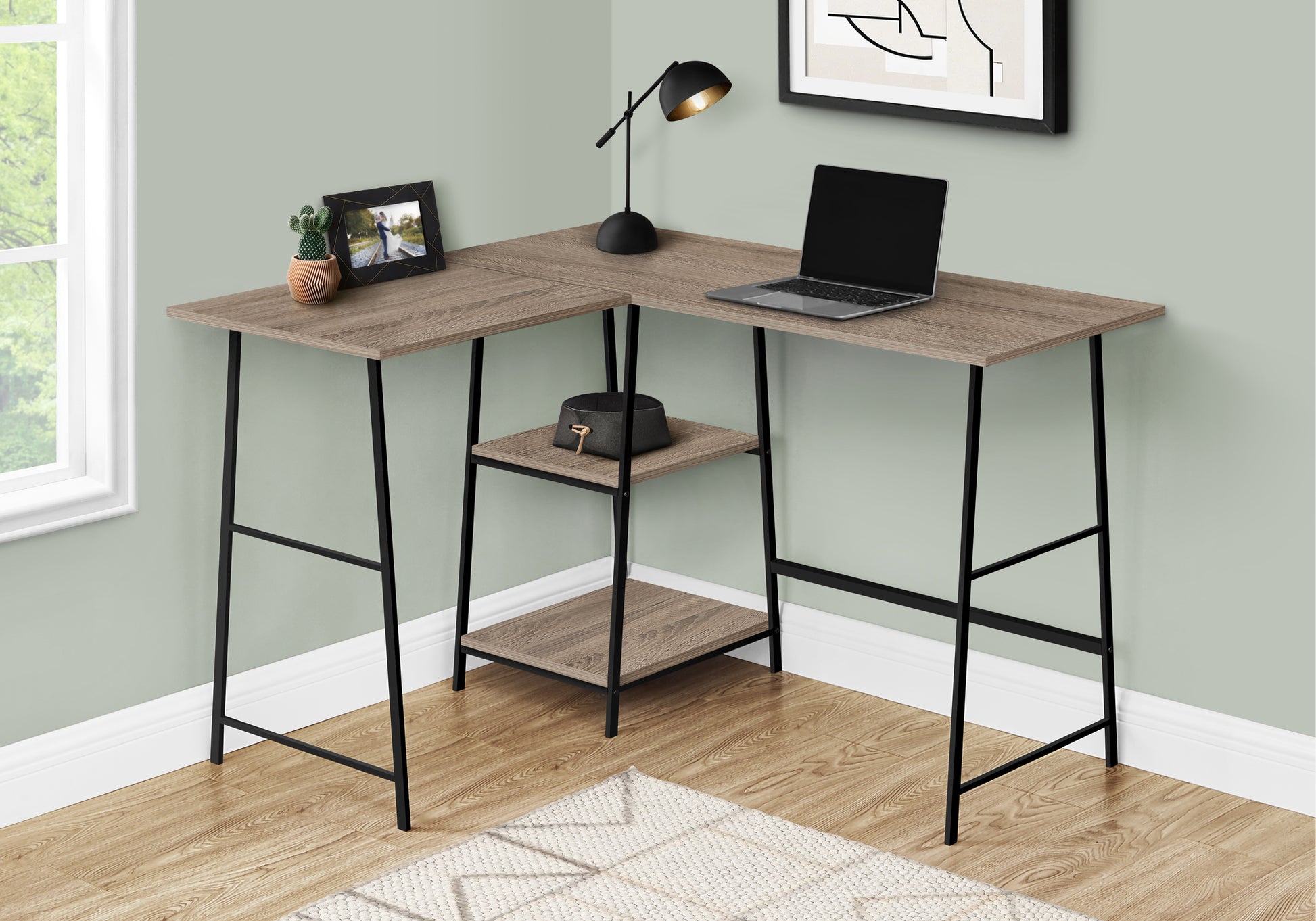 Rustic brown corner desk with black metal legs and two open shelves for storage