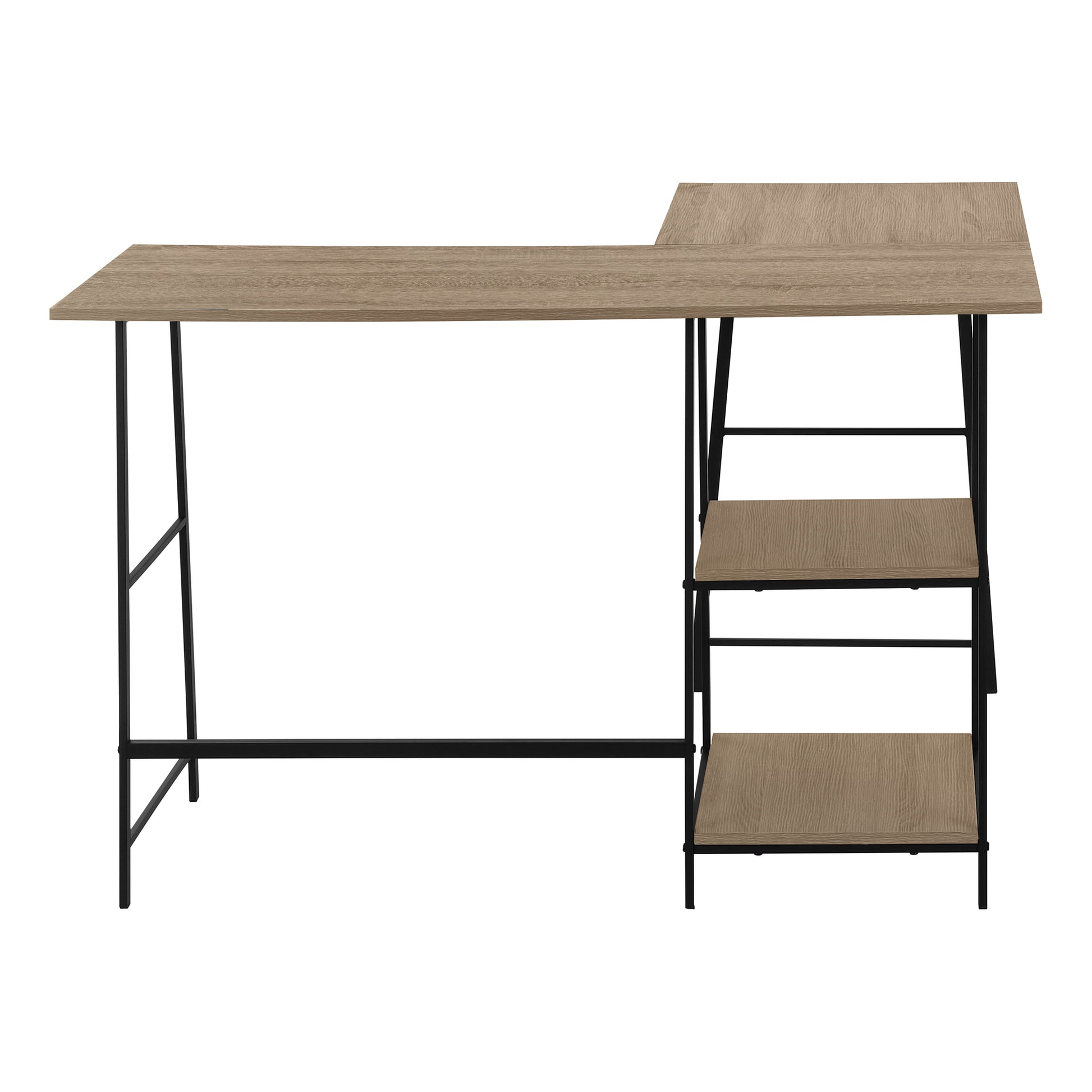 Modern oak finish computer desk with black metal frame and builtin shelving